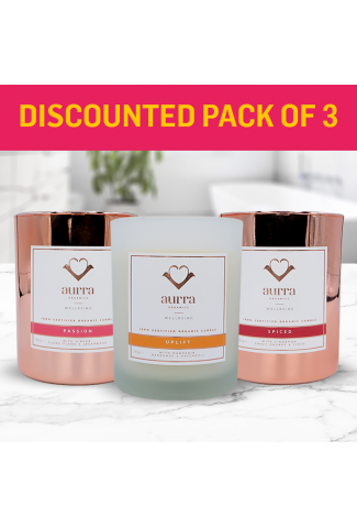 Discounted pack! - Pack of 3 organic candles - Passion, Uplift and Spiced Aurra Organics 100% Certified Organic Candles - Normal SRP £154.50